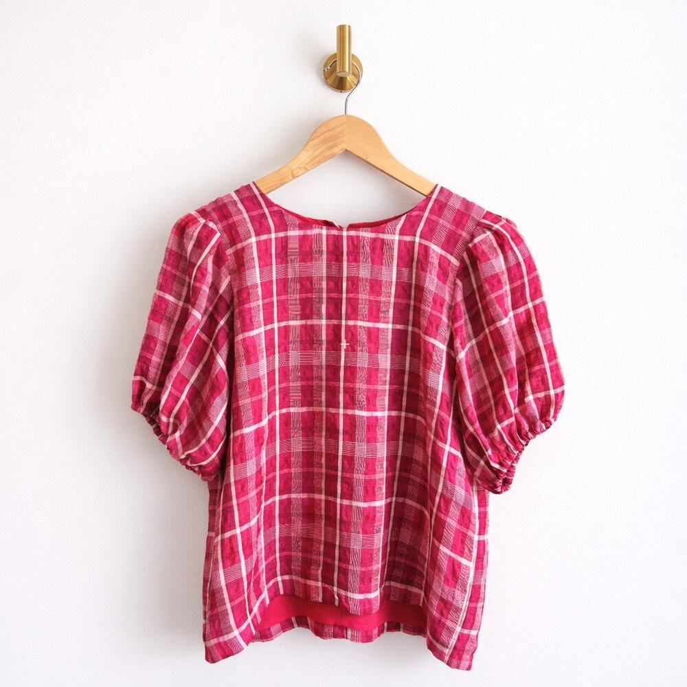 Madewell Plaid Puff-Sleeve Top Pink S